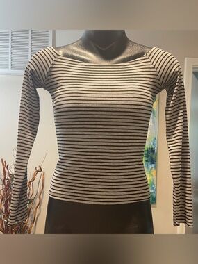 Charlotte Russe Black/Grey Fitted Striped Long Sleeve Top, Size Medium